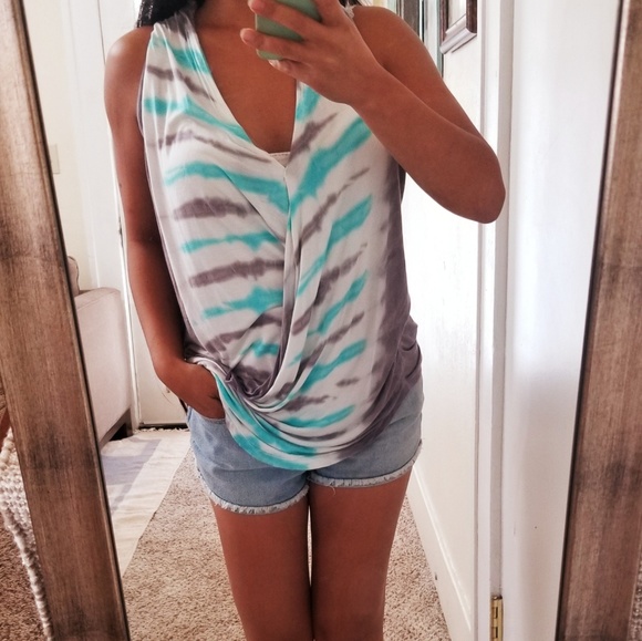 Young Fabulous & Broke Tops - YFB Tie Dye Drape Wrap Tank Top Boho Aqua Gray